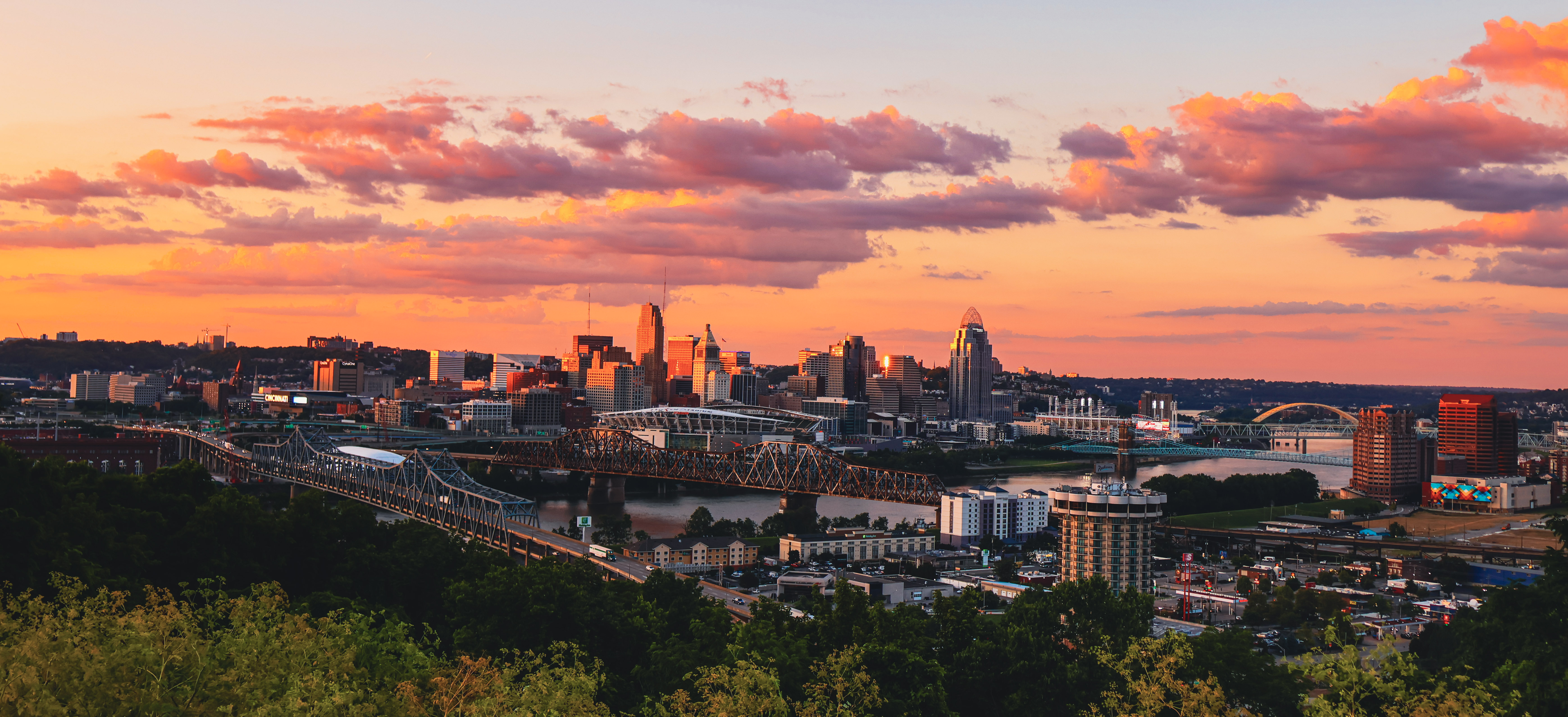 Sunset over the Cincinnati skyline.